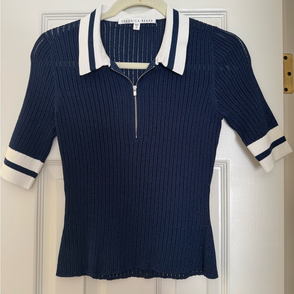Veronica Beard Navy and White Knit Blouse
